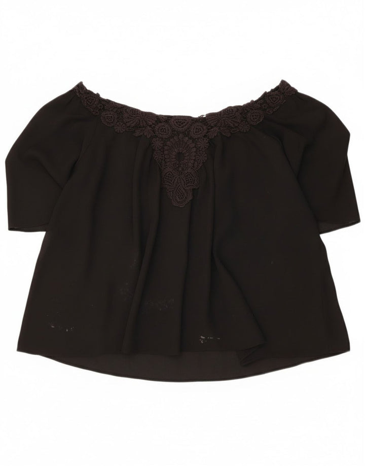 Zara Womens Crop Oversized Off Shoulder Top UK 16 Large Black Floral