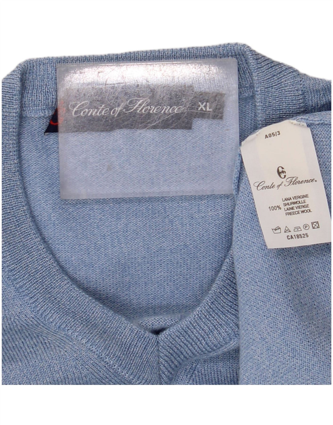 CONTE OF FLORENCE Mens V-Neck Jumper Sweater XL Blue Virgin Wool