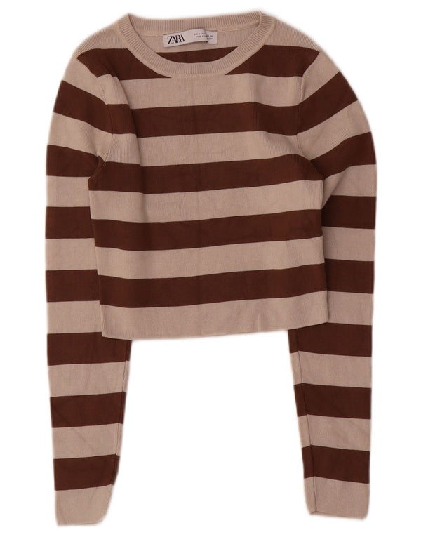 Zara Womens Crop Top Long Sleeve UK 8 Small Brown Striped Viscose