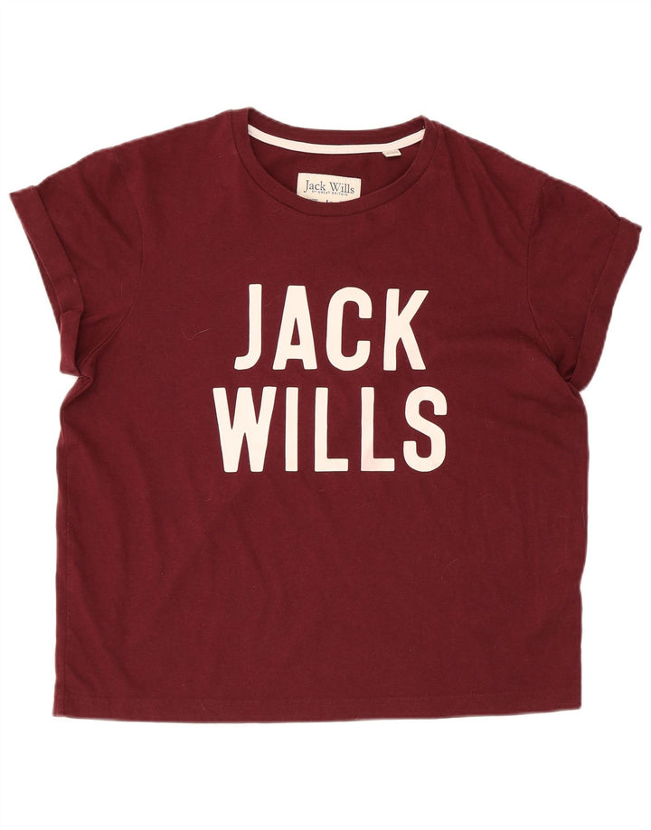 JACK WILLS Womens Graphic T-Shirt Top UK 12 Medium Maroon Cotton