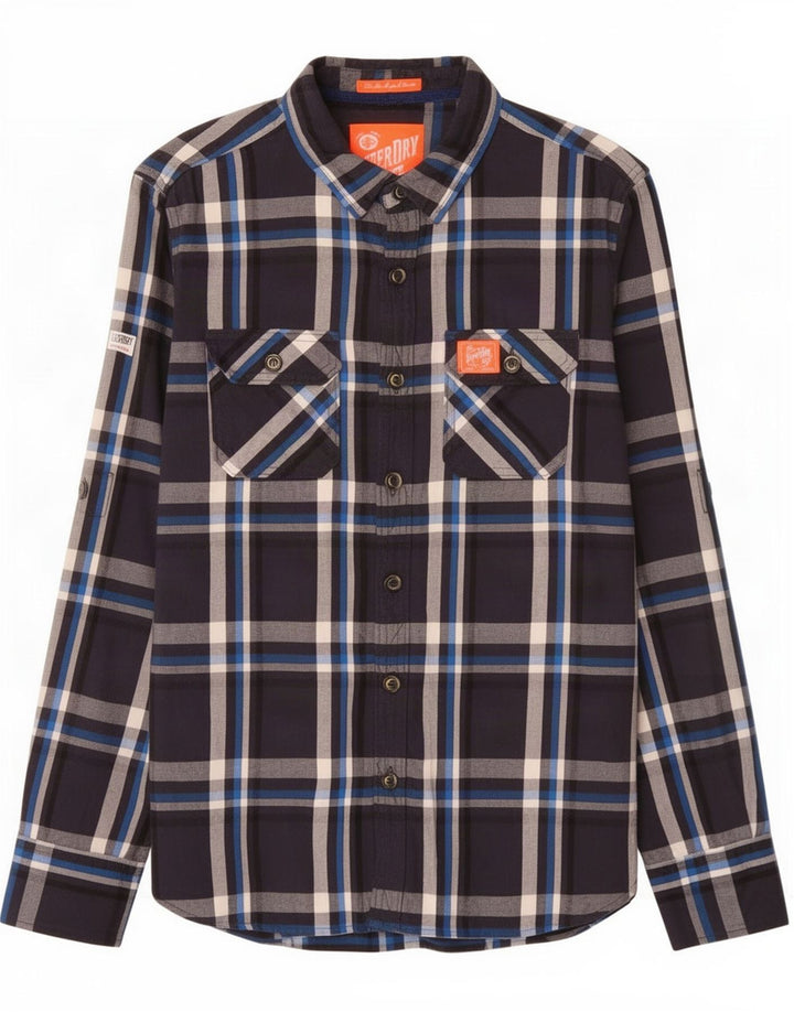 Superdry Mens Flannel Shirt Medium Navy Blue Plaid Cotton
