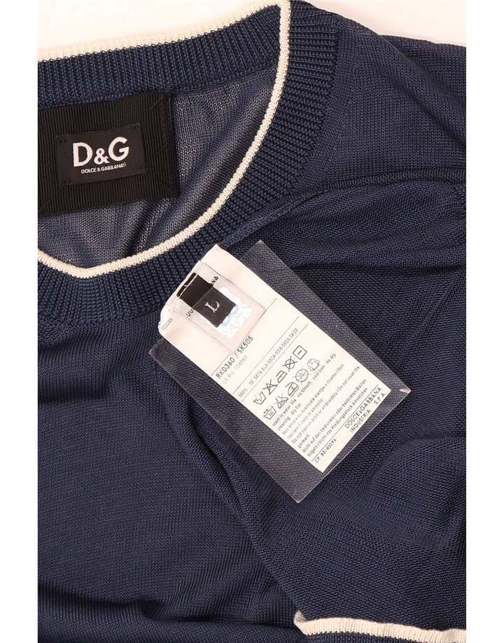 Dolce & Gabbana Mens Crew Neck Jumper Sweater Large Navy Blue Silk