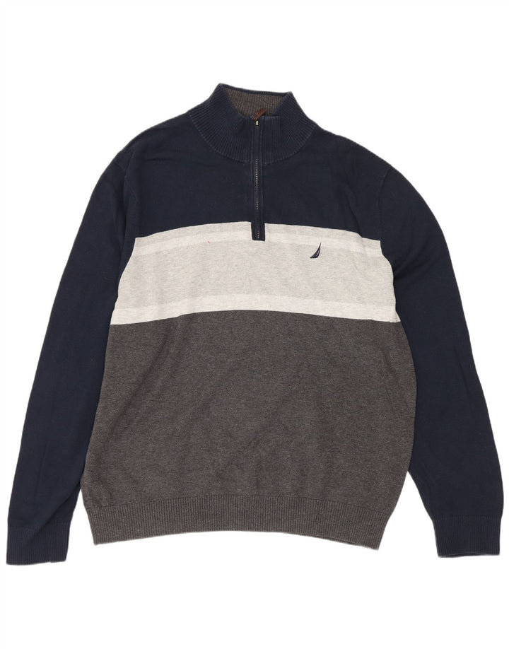 Nautica Mens Zip Neck Jumper Sweater Large Multicoloured Colourblock Cotton