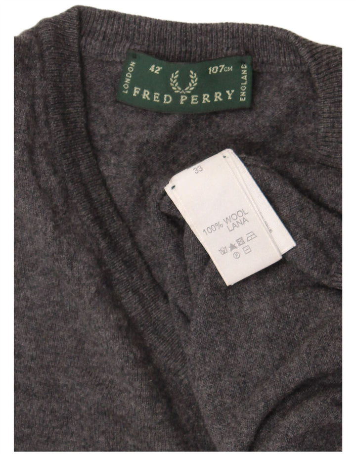 Fred Perry Mens V-Neck Jumper Sweater Medium Grey Wool