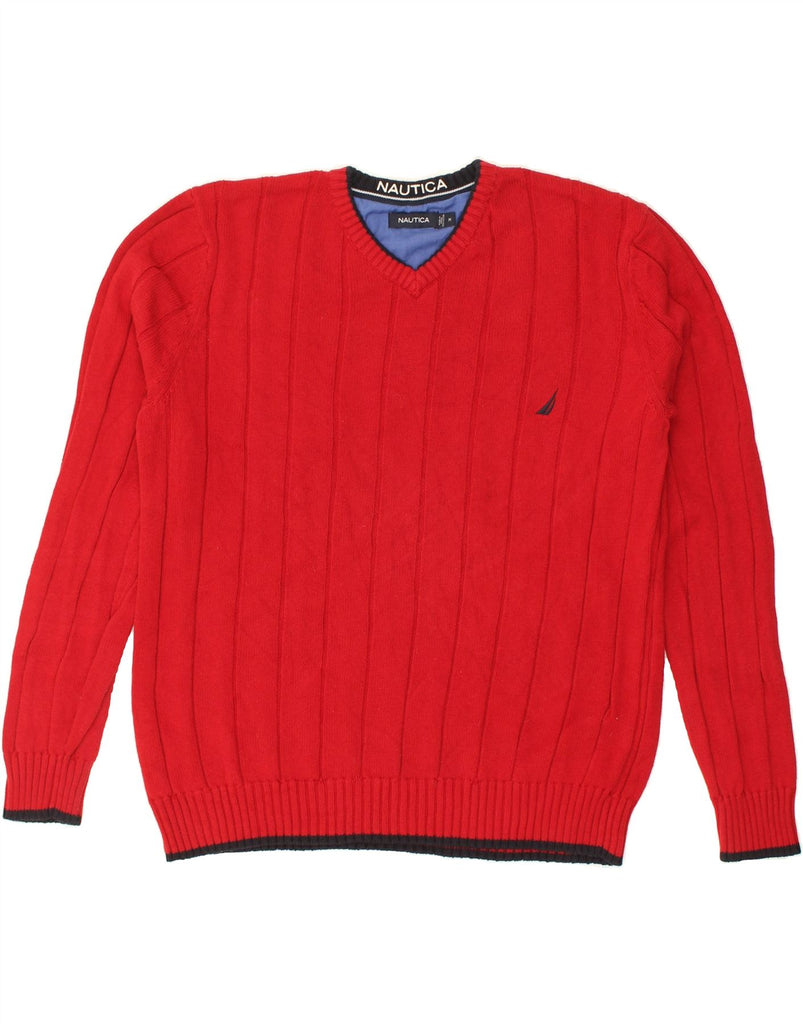 NAUTICA Mens V-Neck Jumper Sweater Medium Red Cotton | Vintage Nautica | Thrift | Second-Hand Nautica | Used Clothing | Messina Hembry 