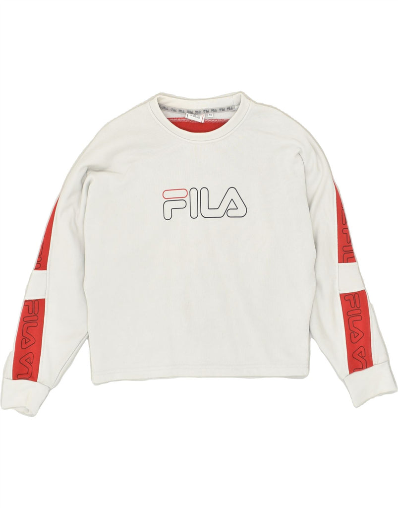 FILA Womens Graphic Sweatshirt Jumper UK 6 XS Grey Colourblock Cotton | Vintage Fila | Thrift | Second-Hand Fila | Used Clothing | Messina Hembry 