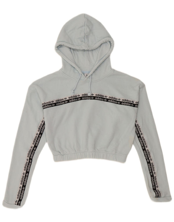 Adidas Womens Crop Graphic Hoodie Jumper UK 8 Small Blue Cotton