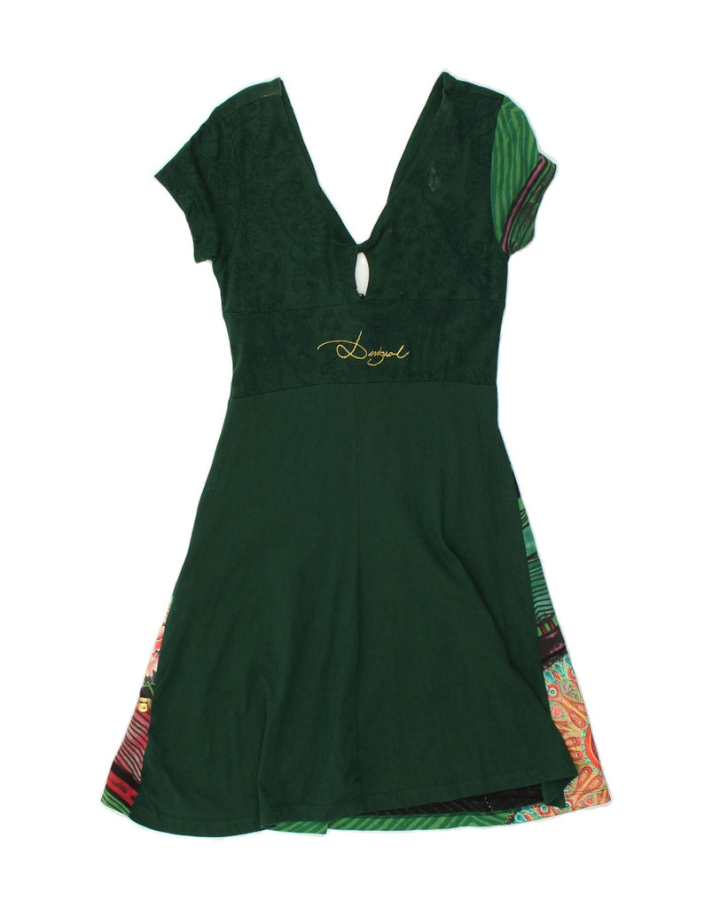 DESIGUAL Womens A-Line Dress UK 12 Medium Green Floral Cotton | Vintage Desigual | Thrift | Second-Hand Desigual | Used Clothing | Messina Hembry 