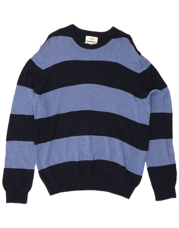 Marks & Spencer Mens Boat Neck Jumper Sweater XL Navy Blue Striped Wool
