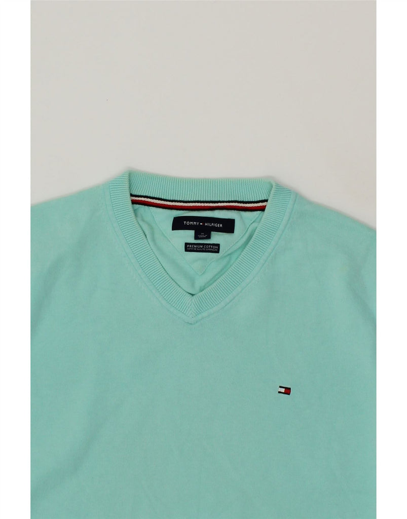 TOMMY HILFIGER Mens V-Neck Jumper Sweater Medium Turquoise Cotton Vintage Tommy Hilfiger and Second-Hand Tommy Hilfiger from Messina Hembry 
