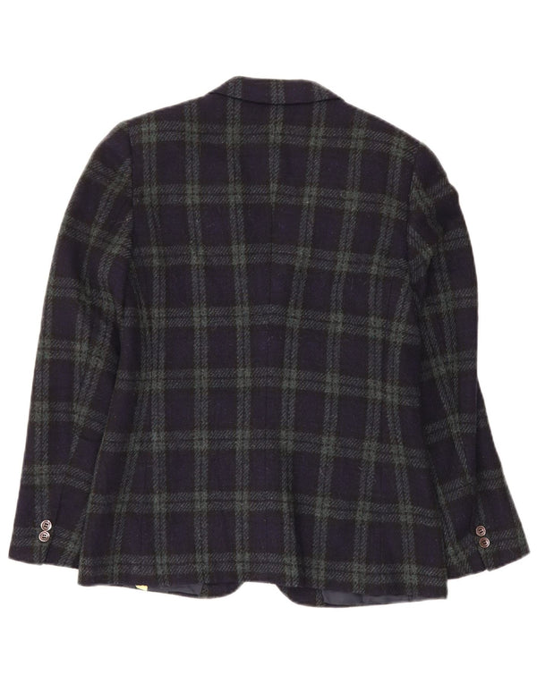 VINTAGE Womens 2 Button Blazer Jacket IT 44 Medium Navy Blue Check Wool