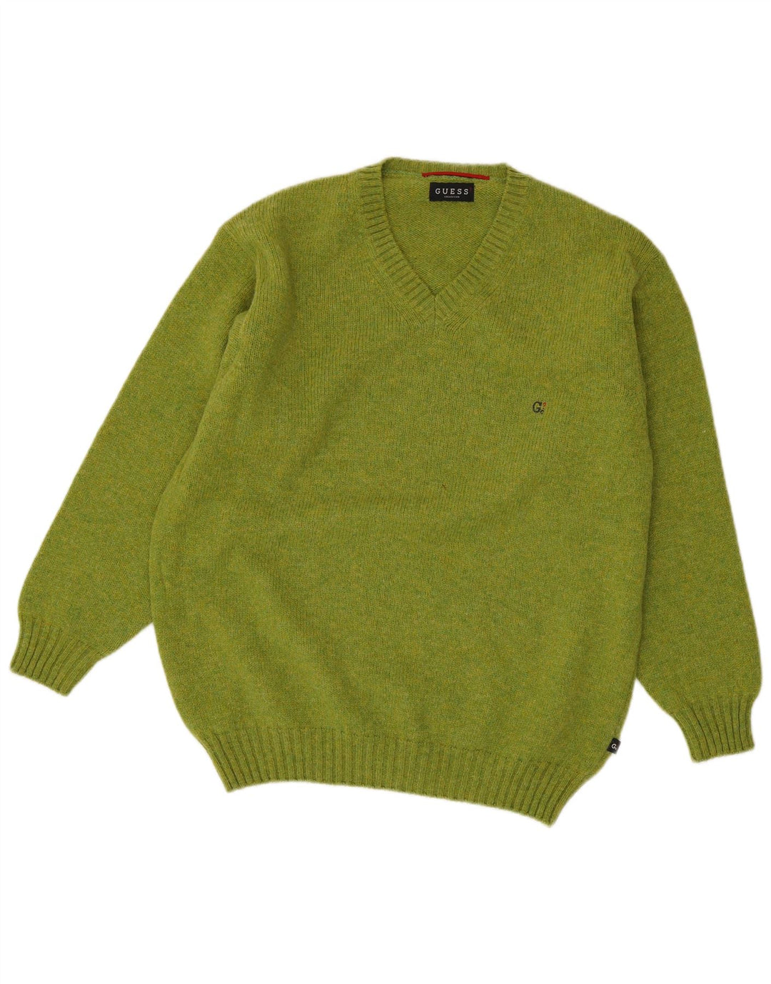 Guess Mens V-Neck Jumper Sweater Large Green Wool