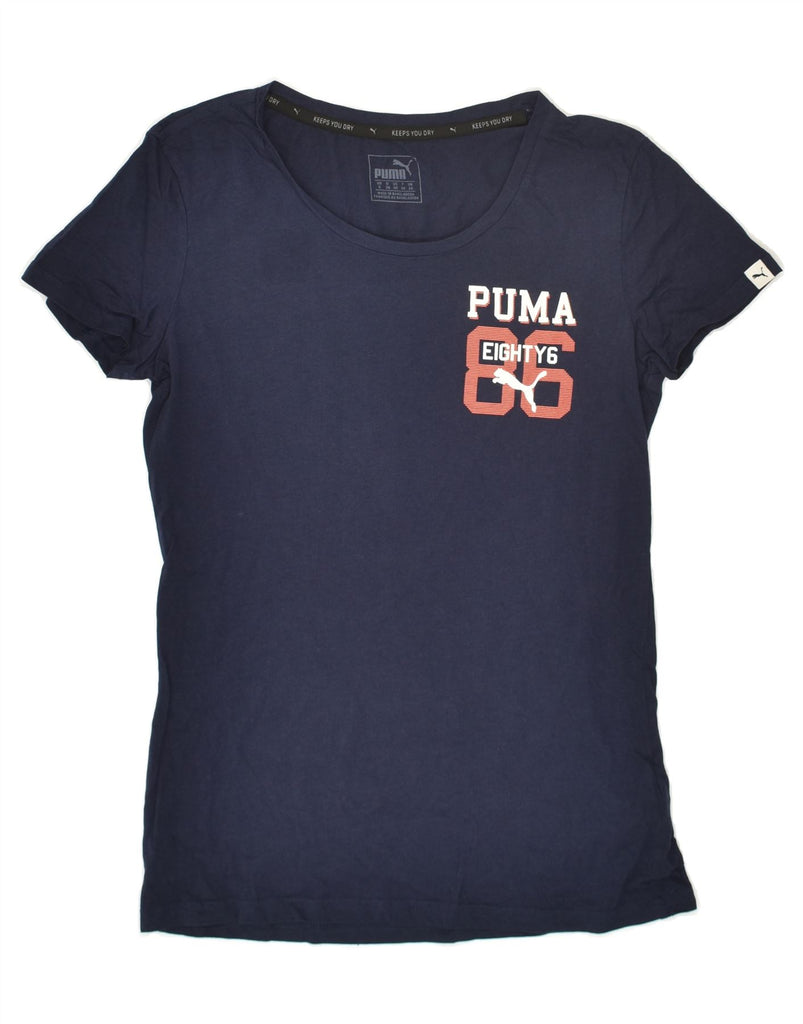 PUMA Womens Graphic T-Shirt Top UK 10 Small  Navy Blue Cotton | Vintage Puma | Thrift | Second-Hand Puma | Used Clothing | Messina Hembry 