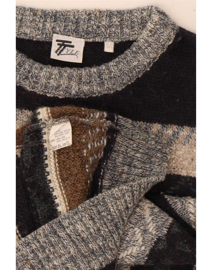Vintage Mens Boat Neck Jumper Sweater Medium Multicoloured Geometric