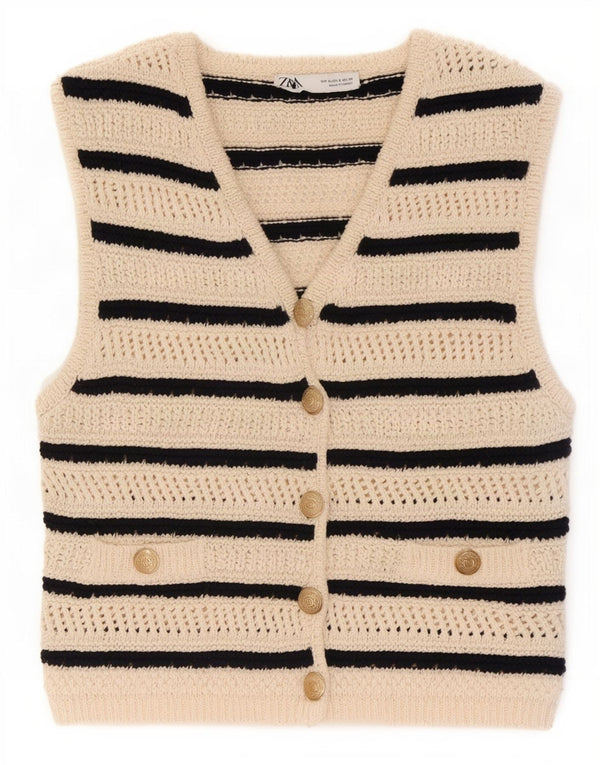 Zara Womens Knit Waistcoat UK 10 Small Beige Striped Cotton