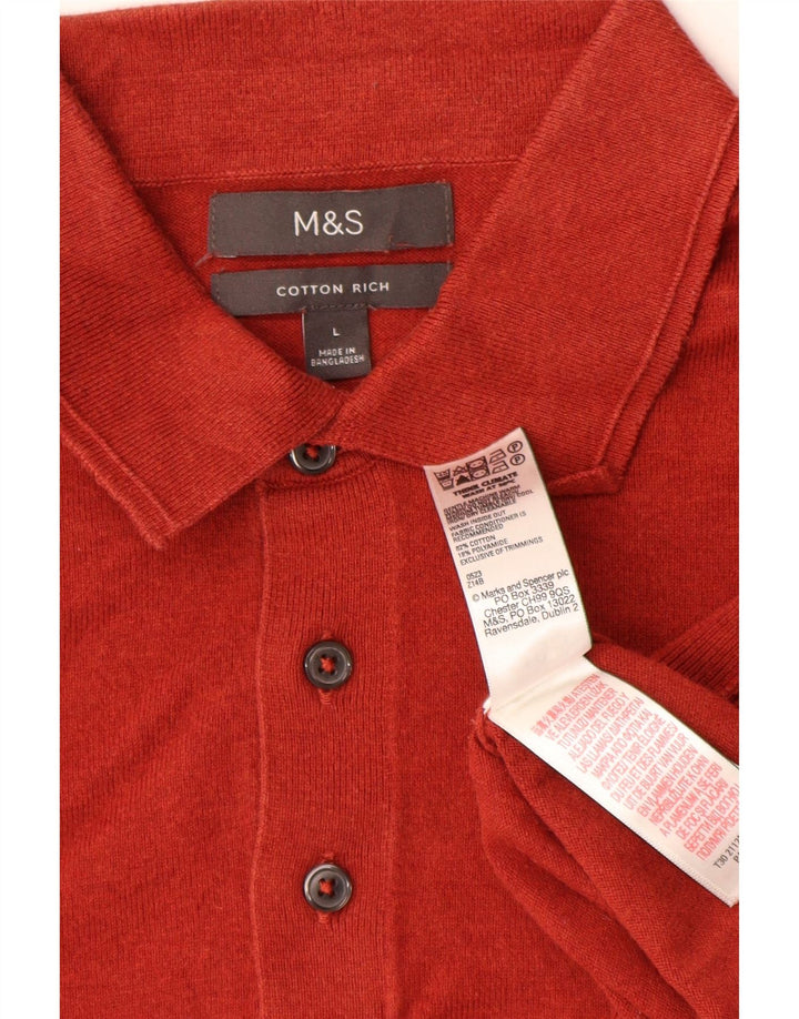 MARKS & SPENCER Mens Polo Neck Jumper Sweater Large Red Cotton