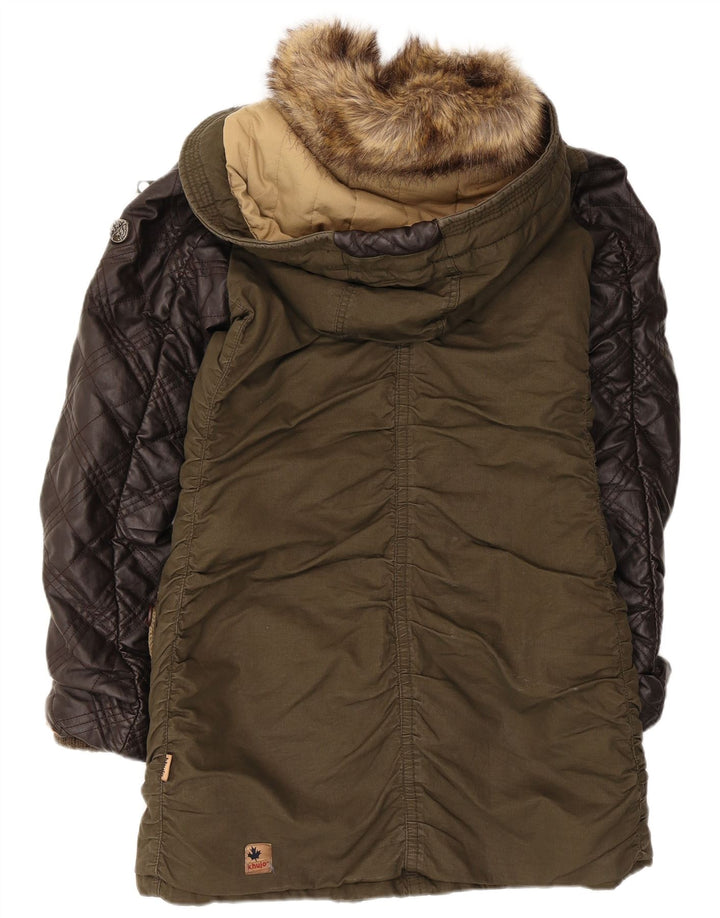 KHUJO Womens Hooded Parka Jacket UK 14 Large Khaki Colourblock Polyester