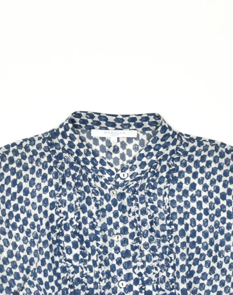 MARELLA Womens Short Sleeve Ruffle Front Shirt IT 44 Medium Blue Spotted | Vintage Marella | Thrift | Second-Hand Marella | Used Clothing | Messina Hembry 