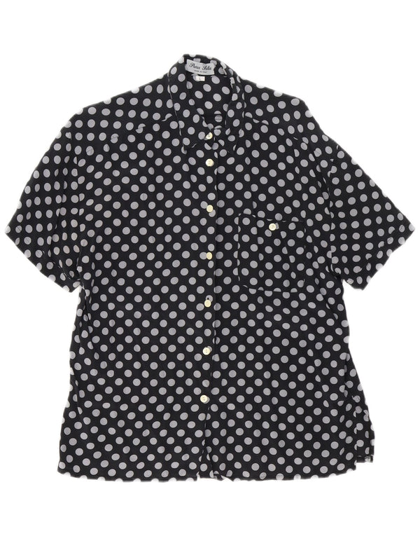 Vintage Womens Short Sleeve Shirt Blouse UK 16 Large Black Polka Dot Silk