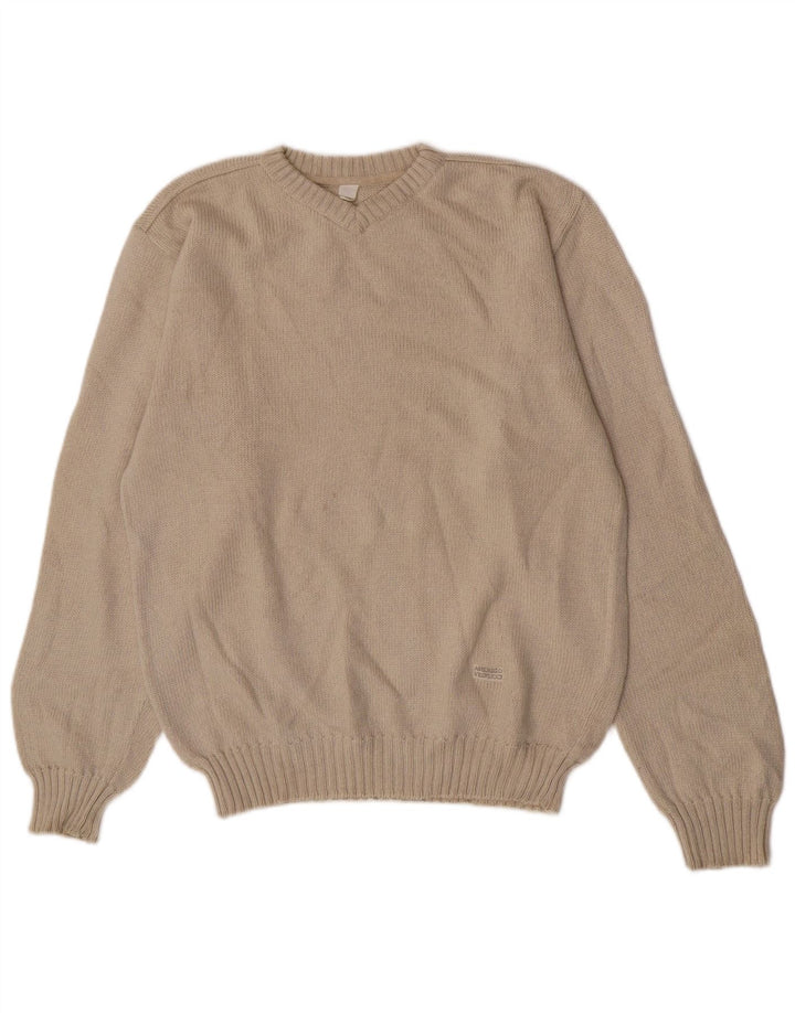 Amerigo Vespucci Mens V-Neck Jumper Sweater Large Beige Virgin Wool