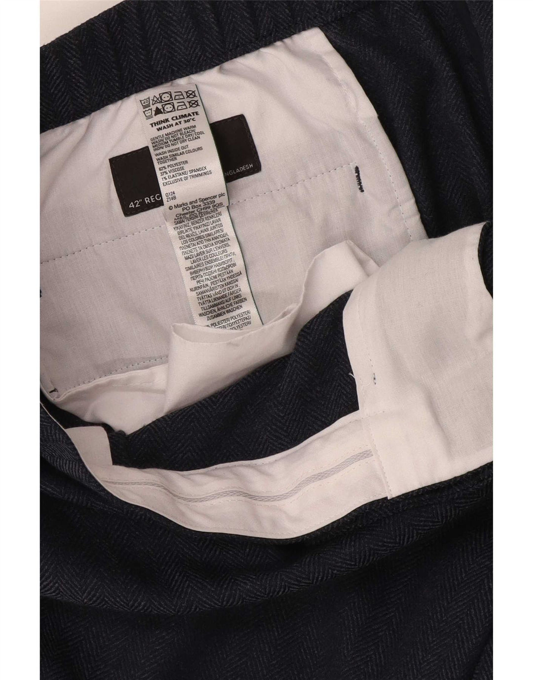 Marks & Spencer Mens Tapered Suit Trousers W42 L28 Navy Blue Herringbone