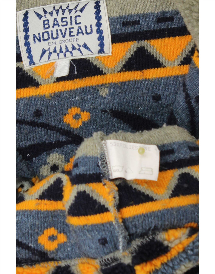 Vintage Mens Button Neck Fleece Jumper Large Grey Geometric Polyester