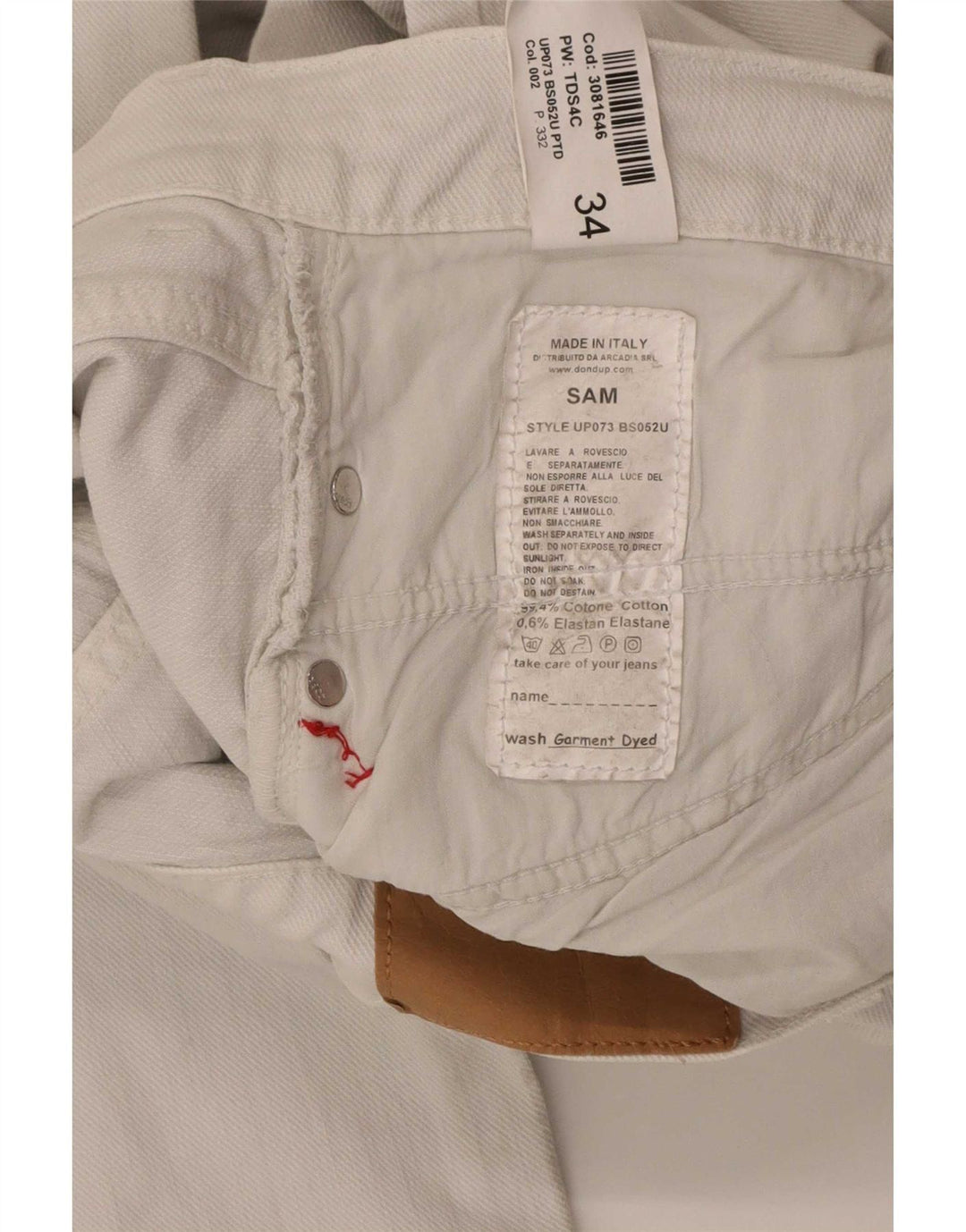 Dondup Mens Sam Straight Jeans W34 L32 White Cotton