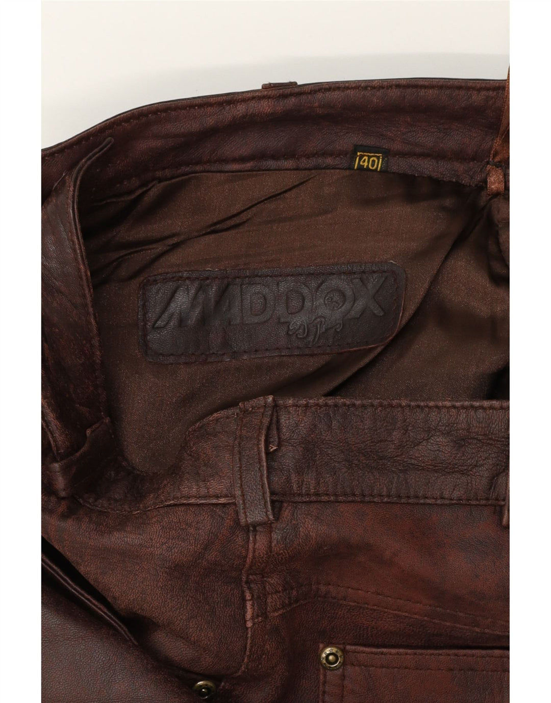 MADDOX Womens Leather Trousers EU 40 Medium W30 L32 Brown Tie Dye Vintage Maddox and Second-Hand Maddox from Messina Hembry 
