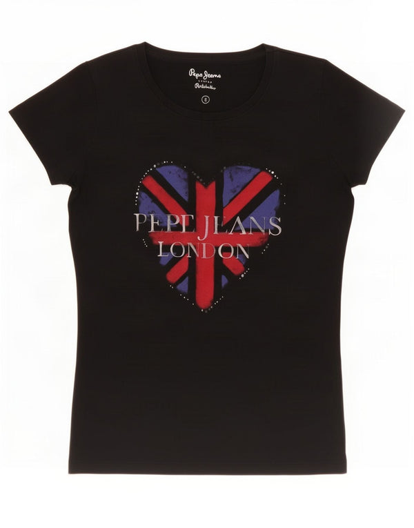 PEPE Jeans Womens Graphic T-Shirt Top UK 10 Small Black Cotton