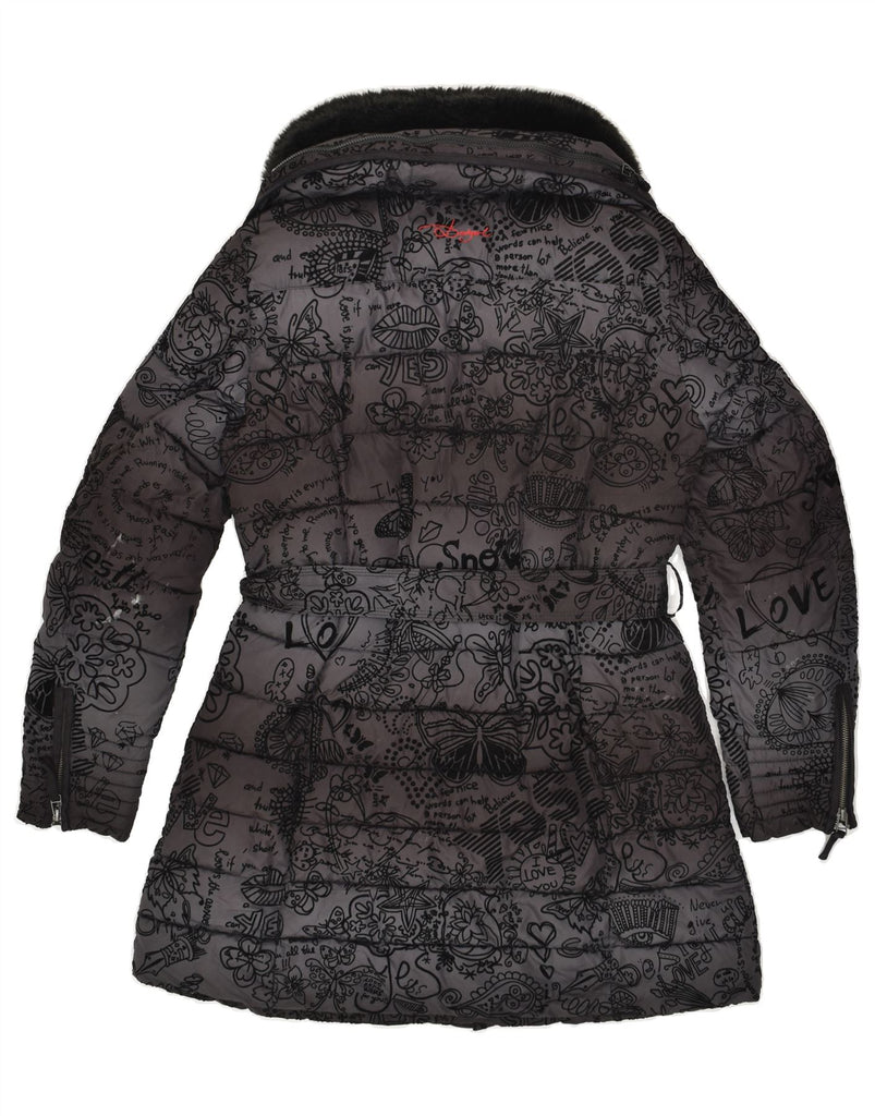 DESIGUAL Womens Graphic Hooded Padded Coat EU 42 Large Black | Vintage Desigual | Thrift | Second-Hand Desigual | Used Clothing | Messina Hembry 