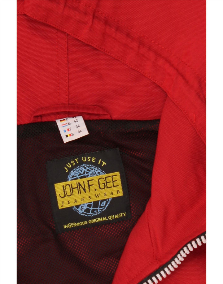 JOHN F GEE Mens Graphic Hooded Rain Jacket UK 42 XL Red Polyester Vintage John F Gee and Second-Hand John F Gee from Messina Hembry 