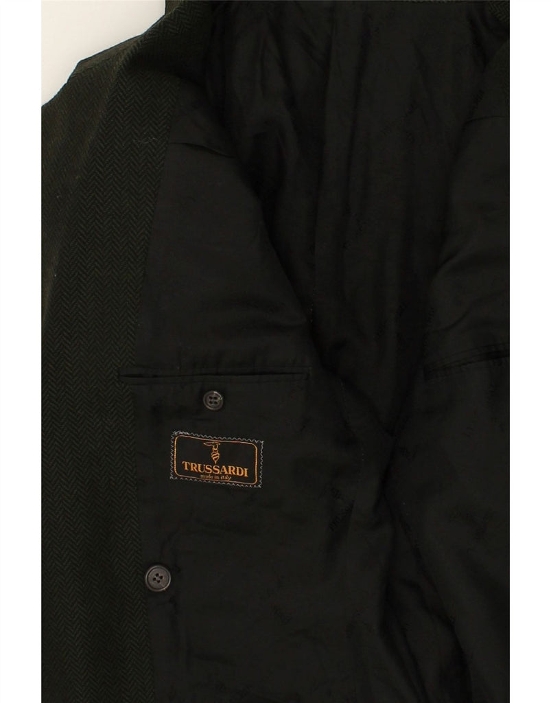 TRUSSARDI Mens 2 Button Blazer Jacket UK 40 Large Green Chevron Wool | Vintage Trussardi | Thrift | Second-Hand Trussardi | Used Clothing | Messina Hembry 