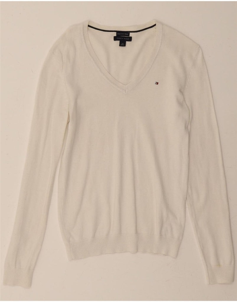 TOMMY HILFIGER Womens V-Neck Jumper Sweater UK 10 Small White Cotton Vintage Tommy Hilfiger and Second-Hand Tommy Hilfiger from Messina Hembry 