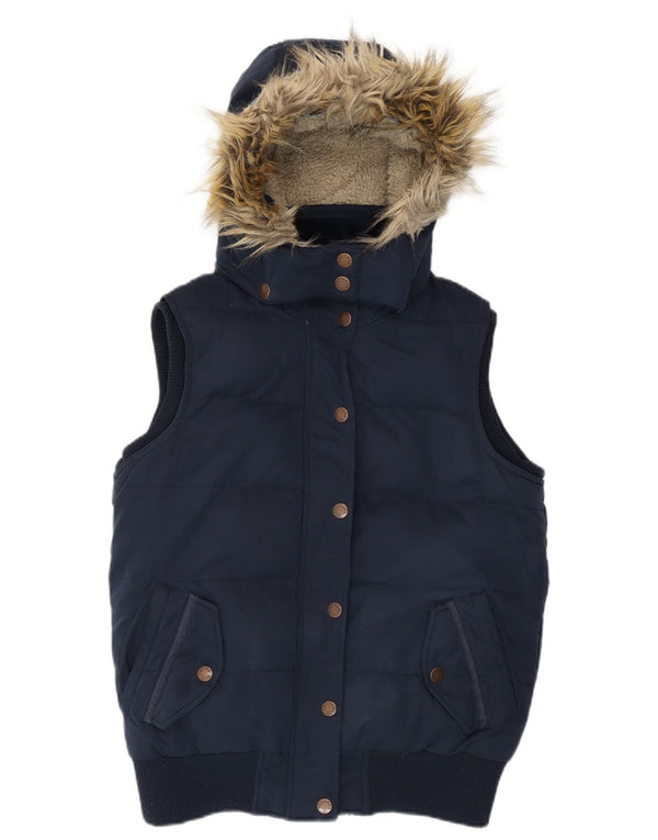 Fat Face Womens Hooded Padded Gilet UK 10 Small Navy Blue Polyester