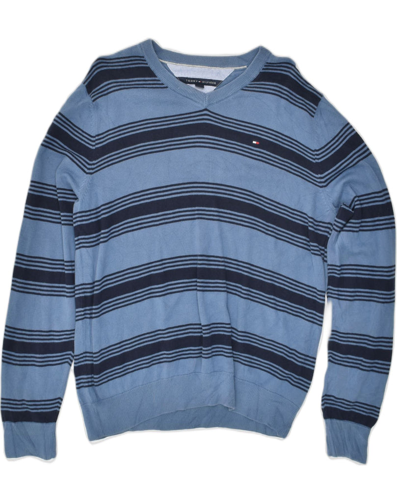 TOMMY HILFIGER Mens V-Neck Jumper Sweater Medium Blue Striped Cotton | Vintage Tommy Hilfiger | Thrift | Second-Hand Tommy Hilfiger | Used Clothing | Messina Hembry 