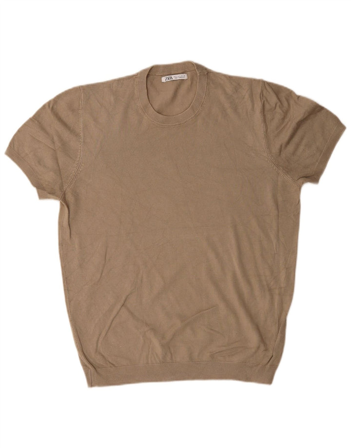 Zara Mens Short Sleeve Crew Neck Jumper Sweater Small Brown Viscose
