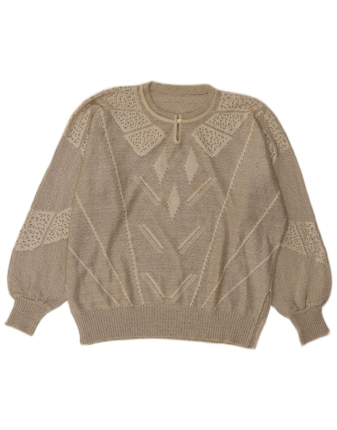 Vintage Womens Button Neck Jumper Sweater UK 14 Large Grey Geometric
