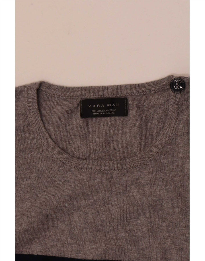 Zara Mens Crew Neck Jumper Sweater Large Grey Striped