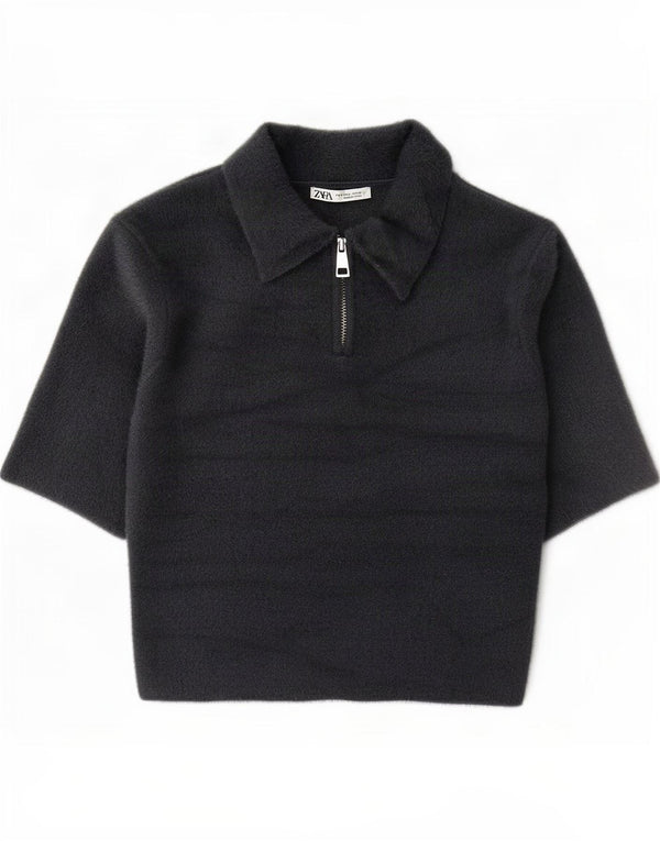 Zara Womens Crop Short Sleeve Polo Neck Jumper Sweater UK 14 Large Grey