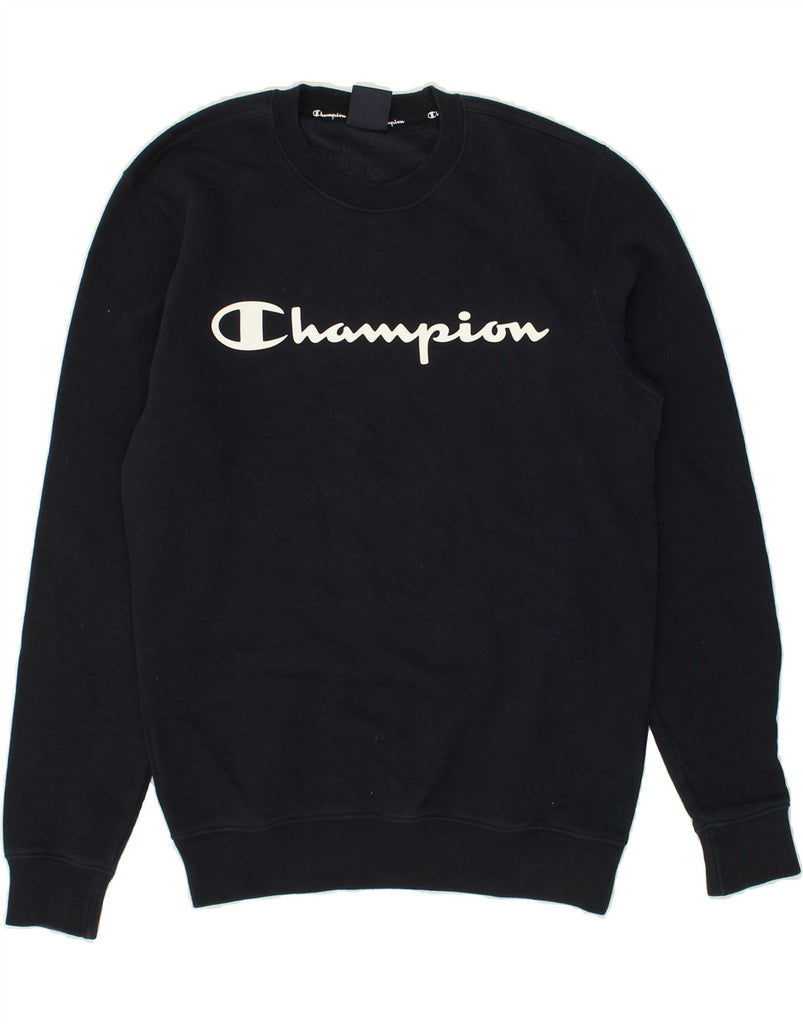 CHAMPION Mens Graphic Sweatshirt Jumper Small Navy Blue Cotton | Vintage Champion | Thrift | Second-Hand Champion | Used Clothing | Messina Hembry 