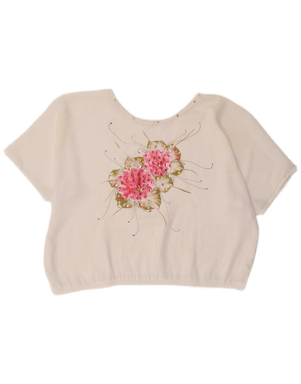Vintage Womens Crop Blouse Top UK 18 XL White Floral