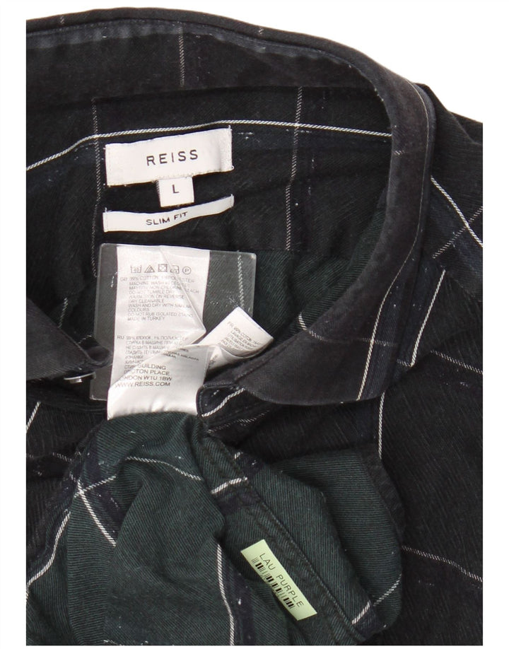 Reiss Mens Slim Fit Flannel Shirt Large Navy Blue Check Cotton