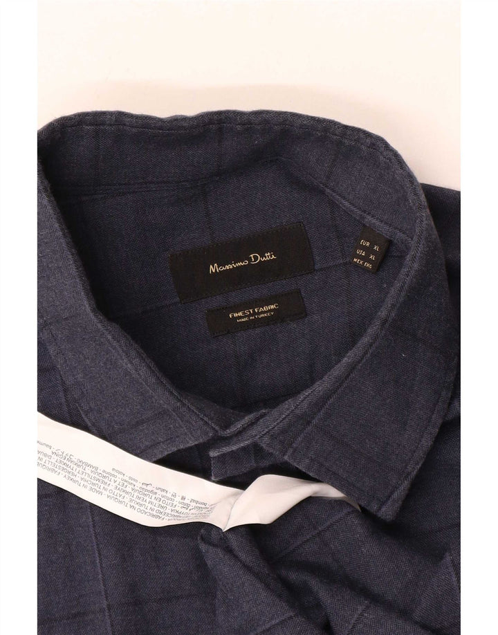 Massimo Dutti Mens Shirt XL Navy Blue Check Cotton