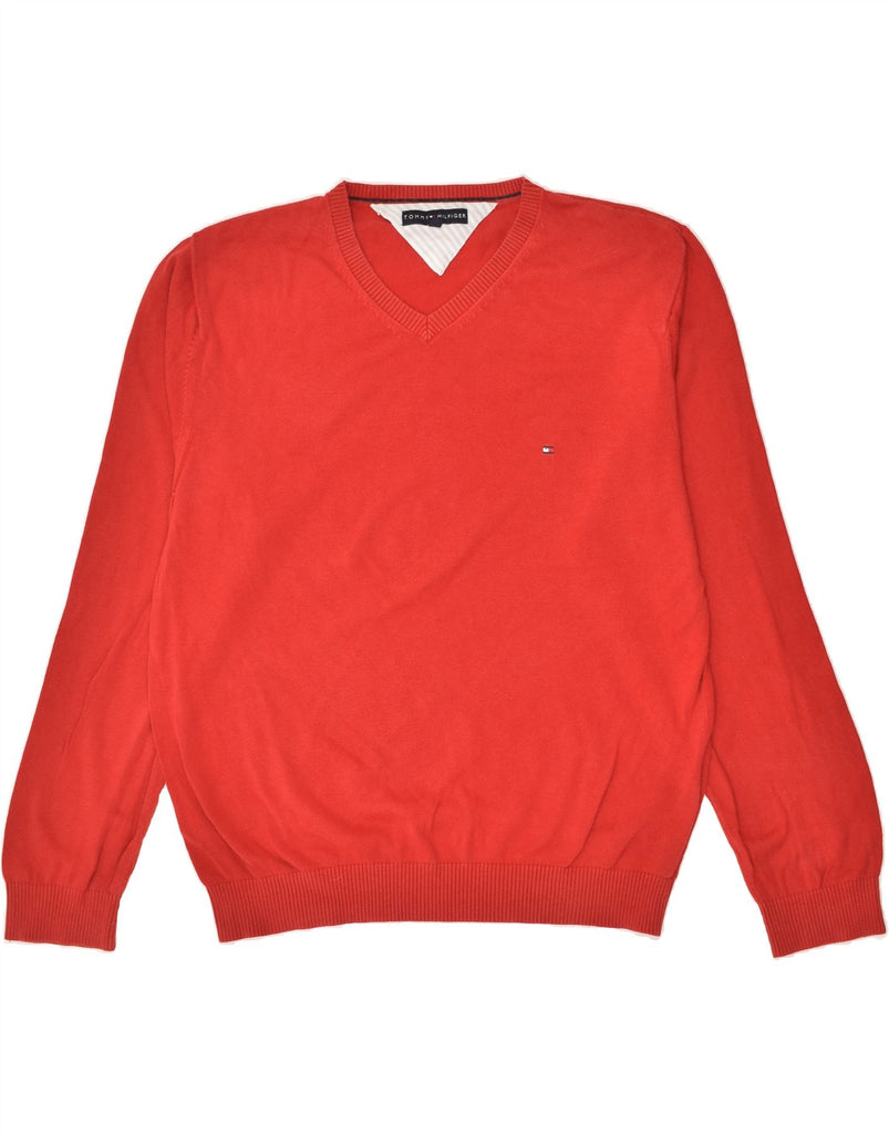 TOMMY HILFIGER Mens V-Neck Jumper Sweater 2XL Red Cotton | Vintage Tommy Hilfiger | Thrift | Second-Hand Tommy Hilfiger | Used Clothing | Messina Hembry 