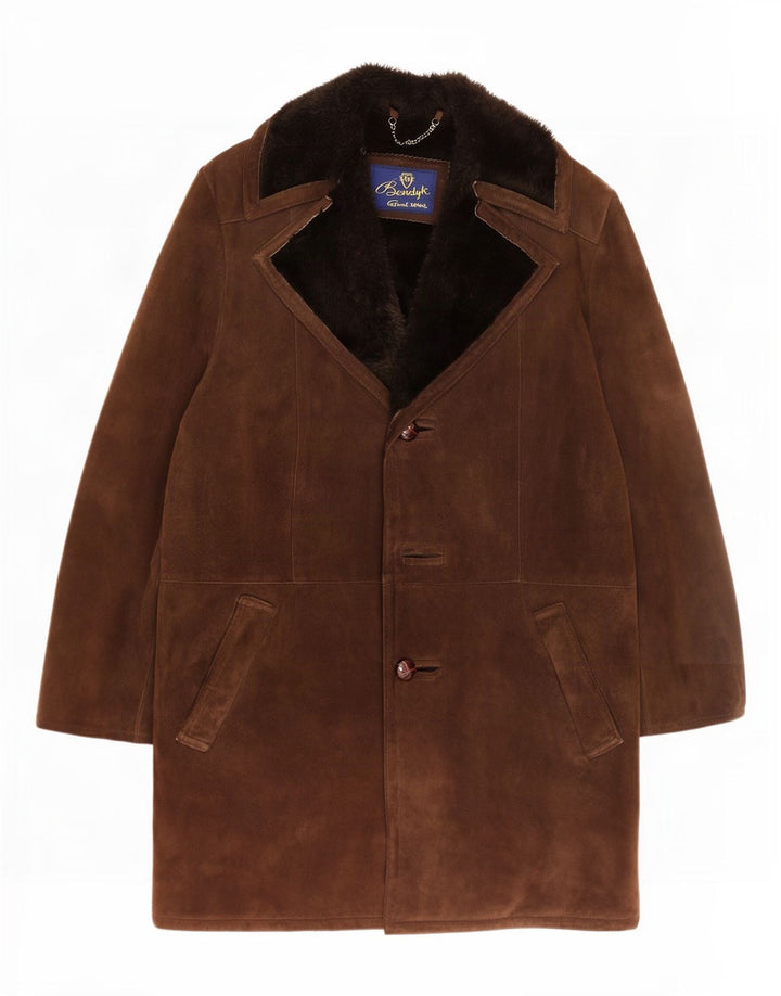Vintage Mens Shearling Overcoat UK 38 Medium Brown Suede