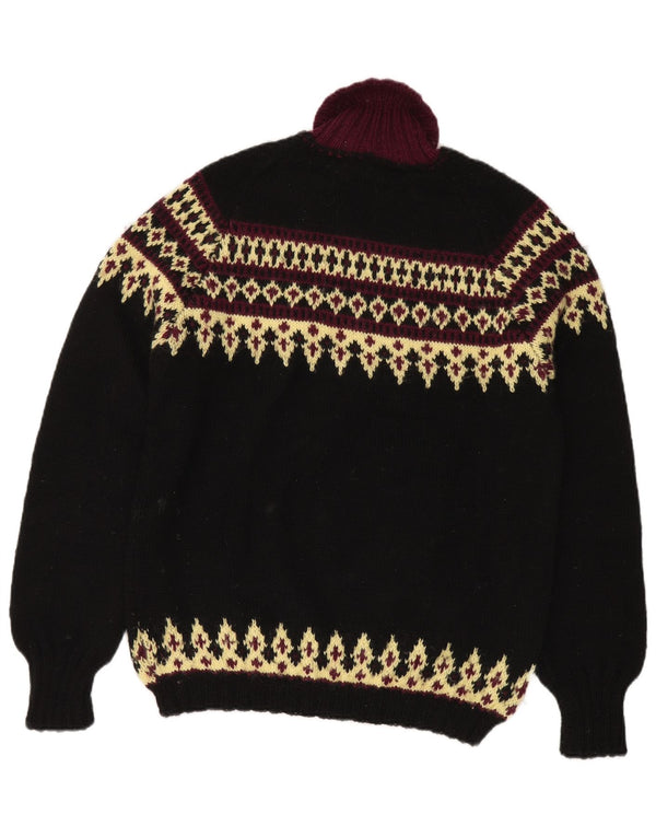 Vintage Mens Roll Neck Jumper Sweater Large Black Fair Isle