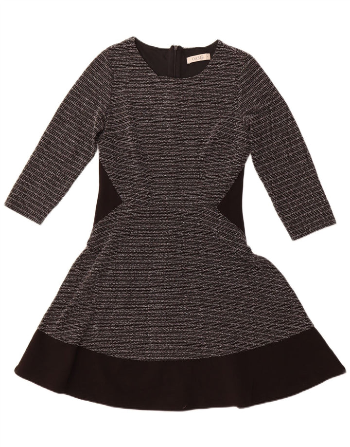 OASIS Womens 3/4 Sleeve A-Line Dress UK 8 Small Black Striped Polyester