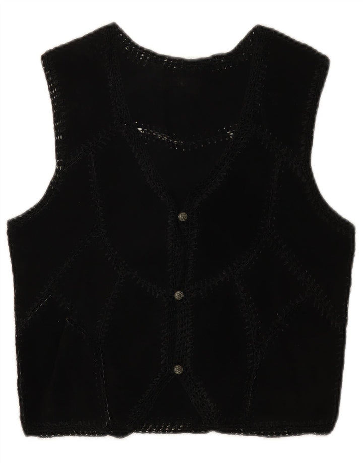 Vintage Womens Suede Waistcoat UK 6 XS Black Patchwork