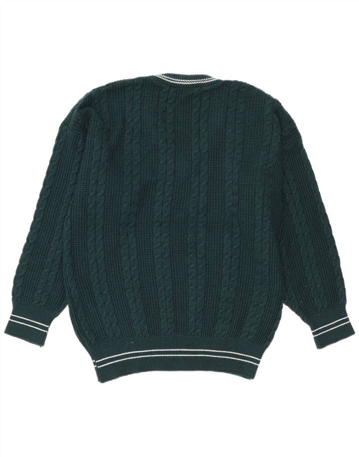 Vintage Mens V-Neck Jumper Sweater Large Green Striped