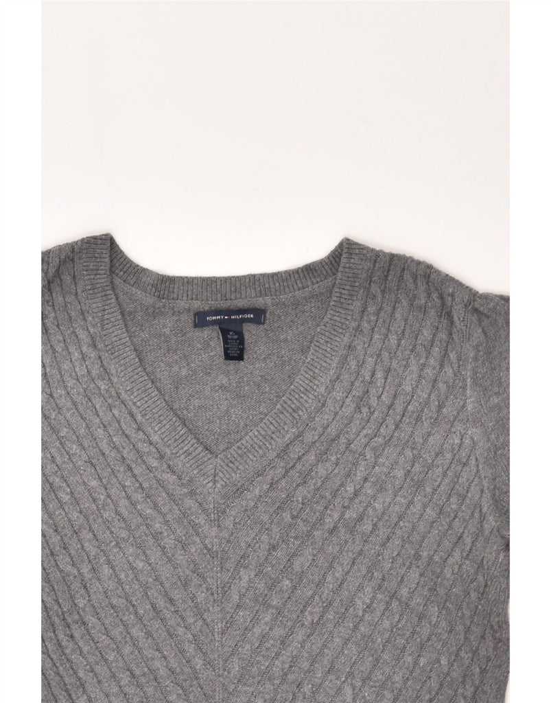 TOMMY HILFIGER Womens Short Sleeve V-Neck Jumper Sweater UK 6 XS Grey | Vintage Tommy Hilfiger | Thrift | Second-Hand Tommy Hilfiger | Used Clothing | Messina Hembry 